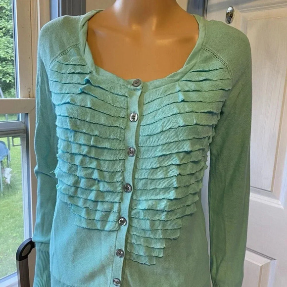 Y2K DKNY Jeans Women’s XS Knit Ruffle Sweater Cardigan Blue Stretch Lightweight - Picture 6 of 8